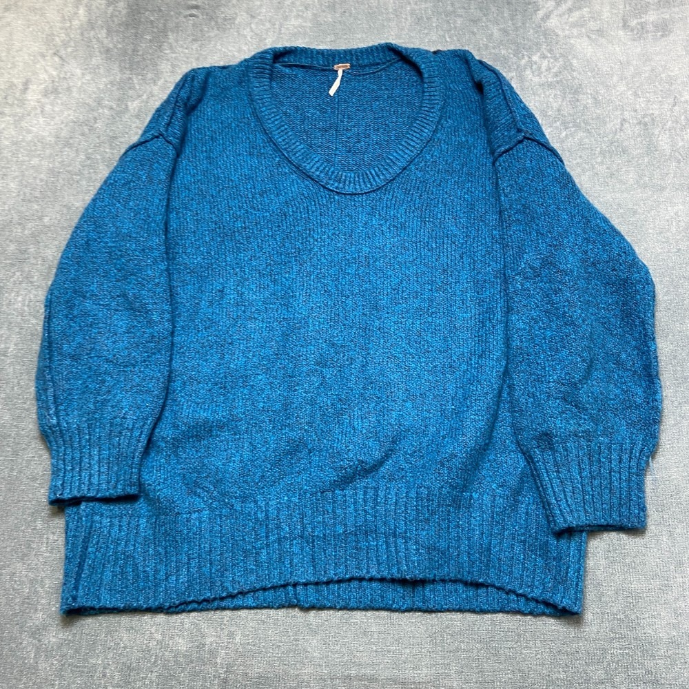 Free People Brookside Tunic Sweater Womens Lage Halcyon Blue V Neck Winter Cozy